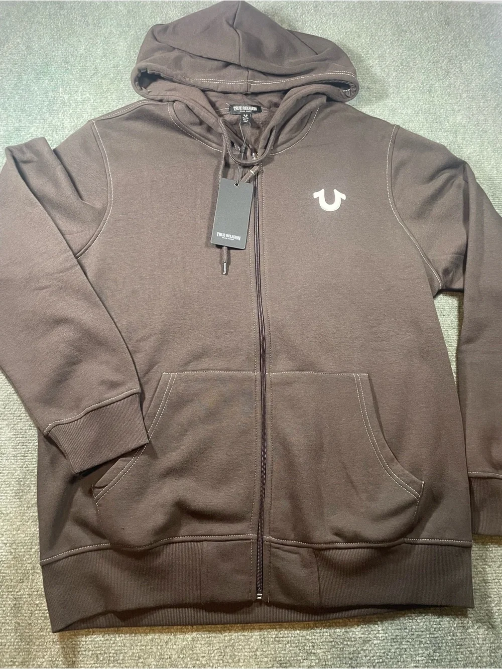 True Religion Men's Brown Hoodie with Cream Logo